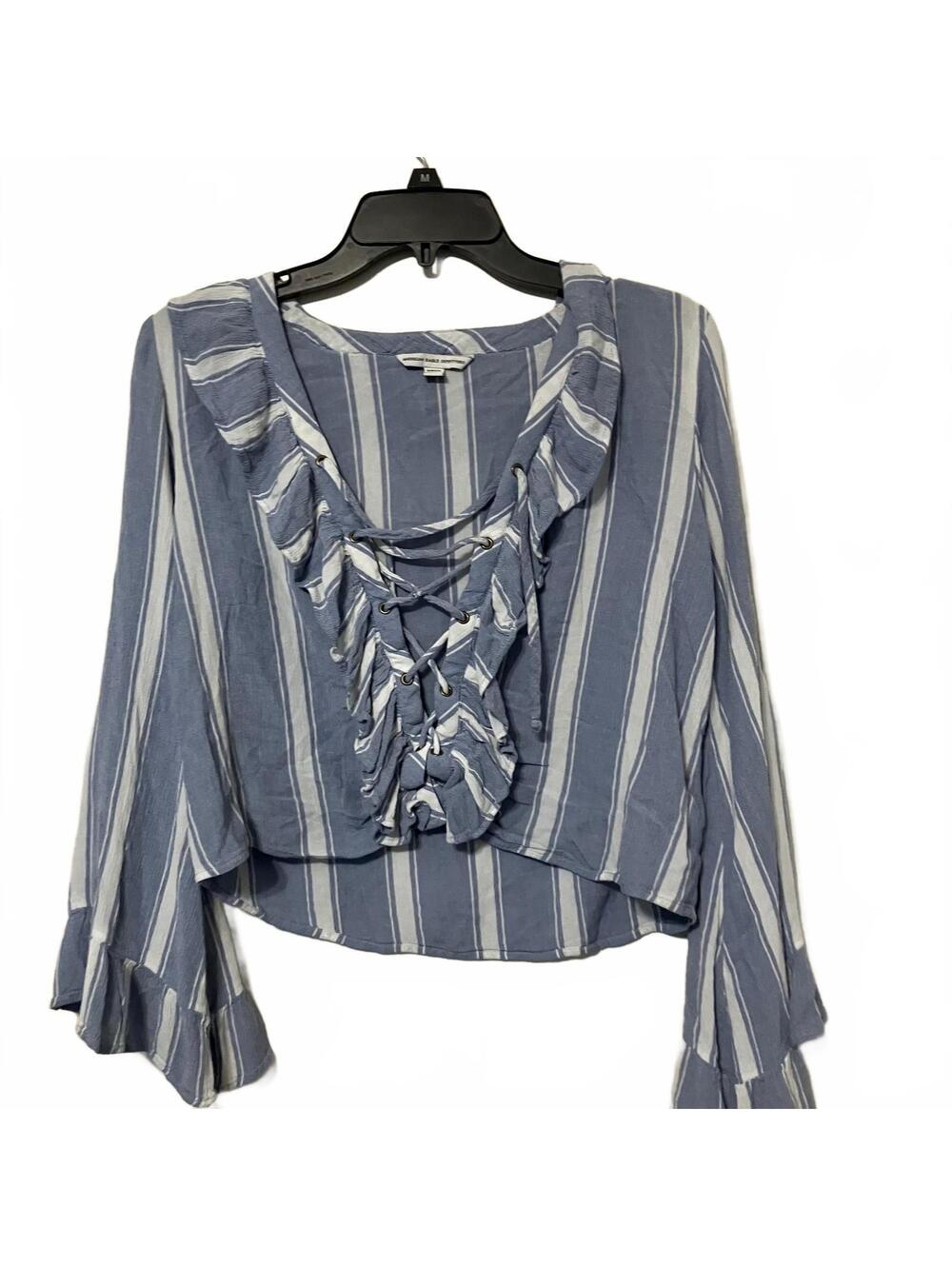 American Eagle Outfitters Boho Chic Blue White Striped Ruffle Lace-Up Top Small